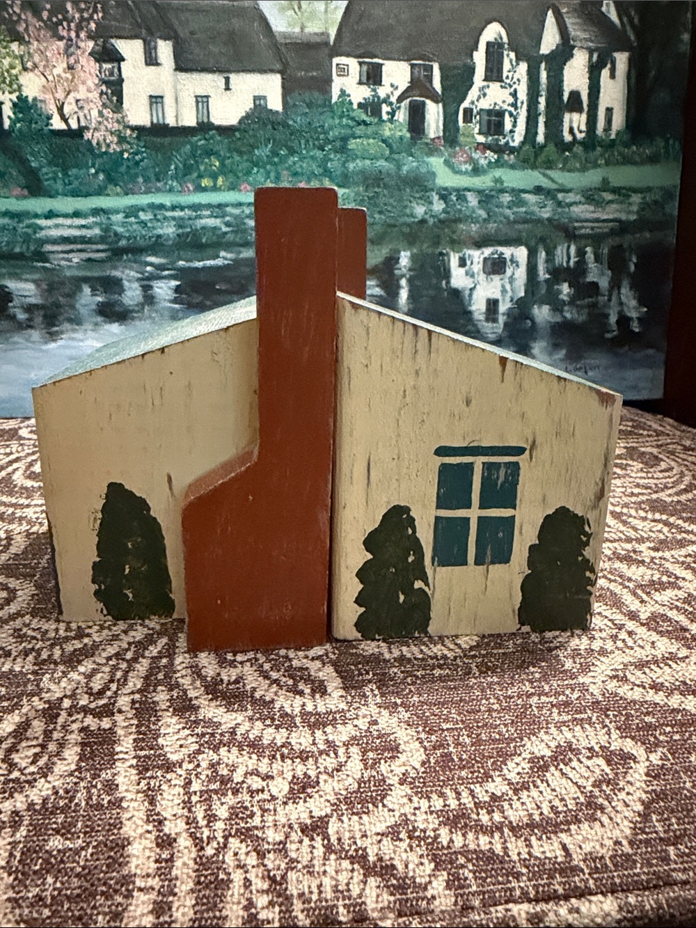 VTG Cottagecore Hand Painted Wood House Bookends Primitive Folk Art Rustic